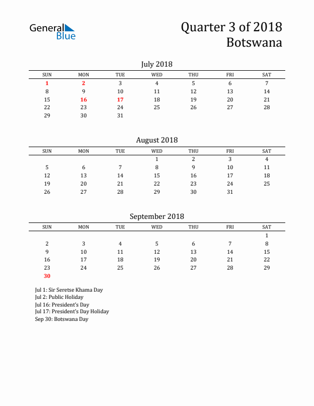 Quarter 3 2018 Botswana Quarterly Calendar