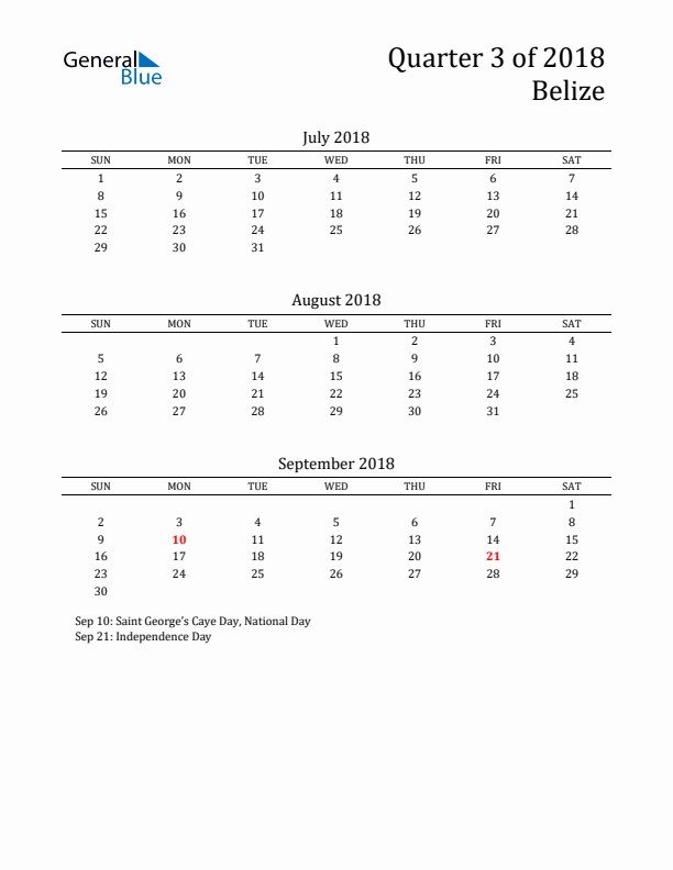 Quarter 3 2018 Belize Quarterly Calendar