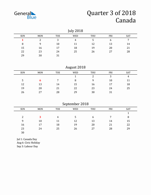 Quarter 3 2018 Canada Quarterly Calendar