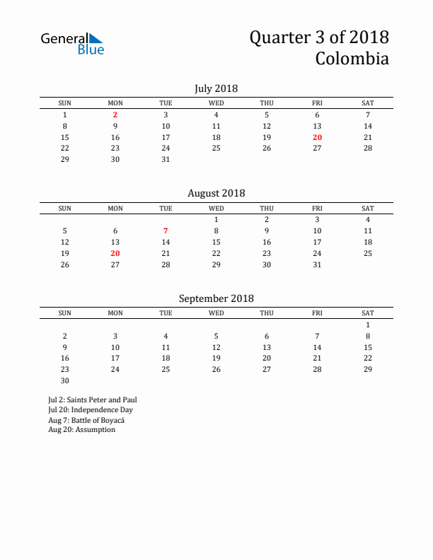 Quarter 3 2018 Colombia Quarterly Calendar