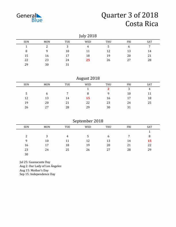 Quarter 3 2018 Costa Rica Quarterly Calendar