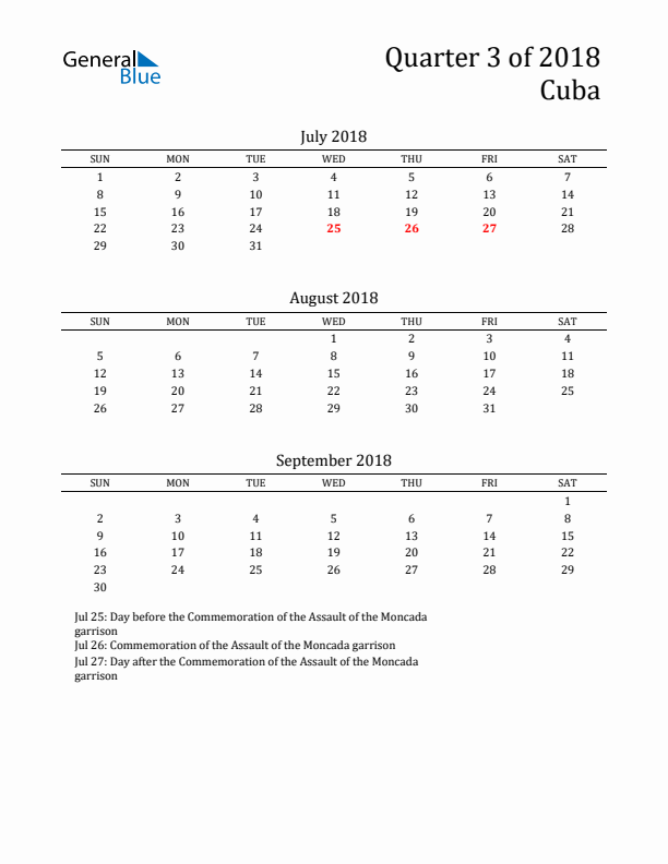 Quarter 3 2018 Cuba Quarterly Calendar