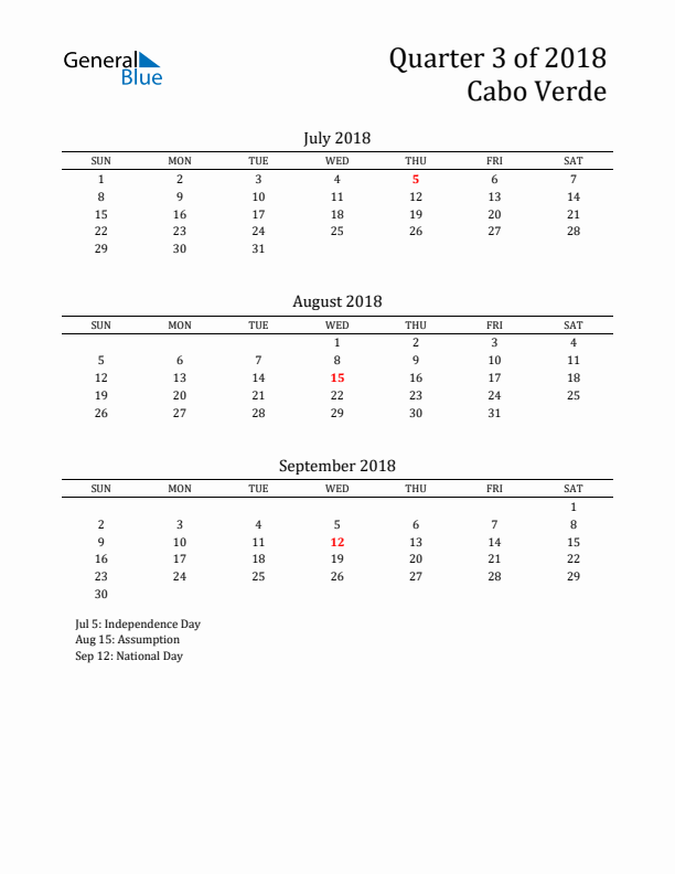 Quarter 3 2018 Cabo Verde Quarterly Calendar