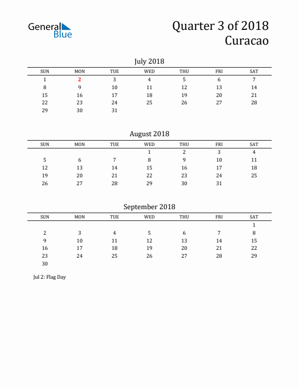 Quarter 3 2018 Curacao Quarterly Calendar