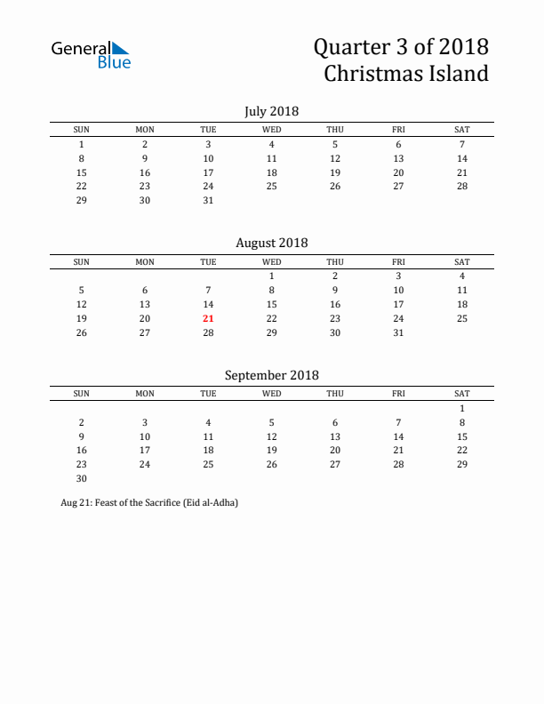 Quarter 3 2018 Christmas Island Quarterly Calendar