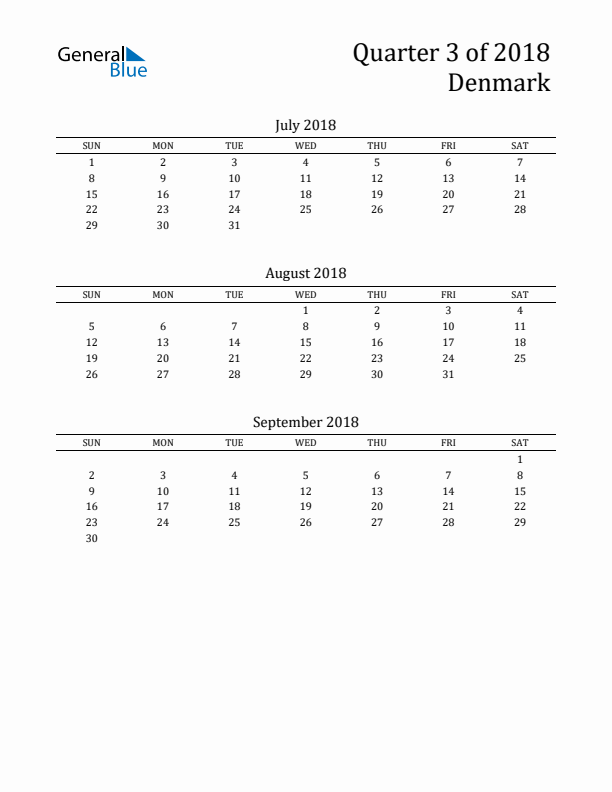 Quarter 3 2018 Denmark Quarterly Calendar