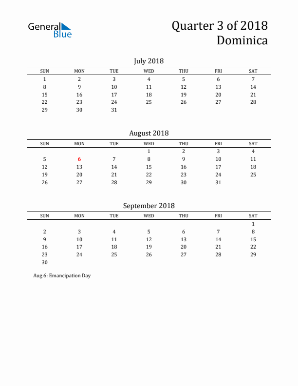 Quarter 3 2018 Dominica Quarterly Calendar