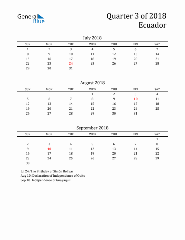 Quarter 3 2018 Ecuador Quarterly Calendar