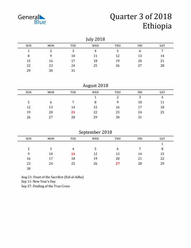 Quarter 3 2018 Ethiopia Quarterly Calendar