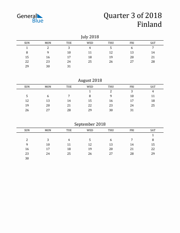 Quarter 3 2018 Finland Quarterly Calendar