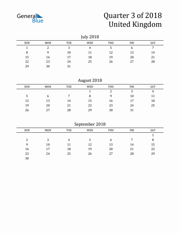 Quarter 3 2018 United Kingdom Quarterly Calendar