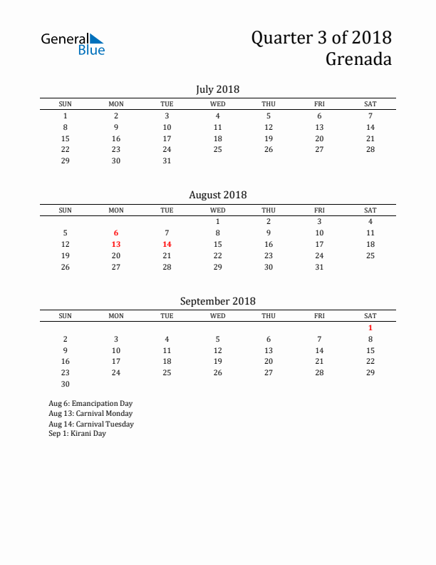 Quarter 3 2018 Grenada Quarterly Calendar