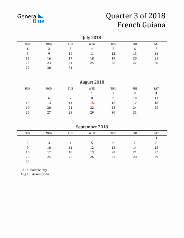 Quarter 3 2018 French Guiana Quarterly Calendar