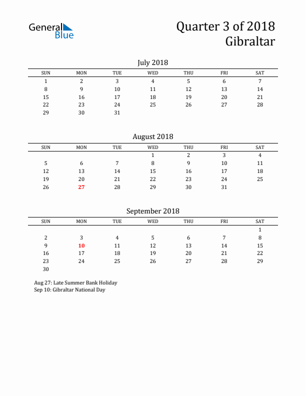 Quarter 3 2018 Gibraltar Quarterly Calendar