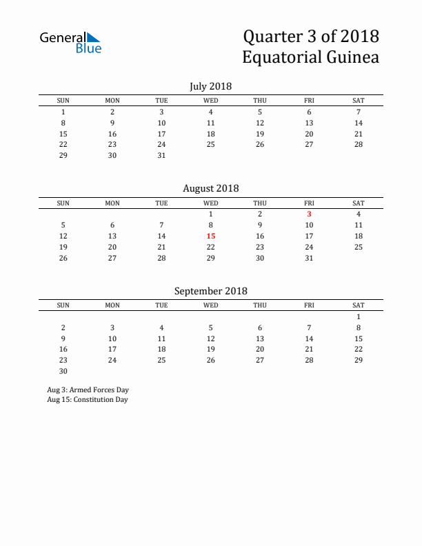 Quarter 3 2018 Equatorial Guinea Quarterly Calendar