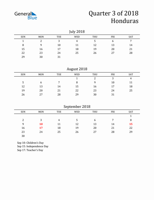 Quarter 3 2018 Honduras Quarterly Calendar