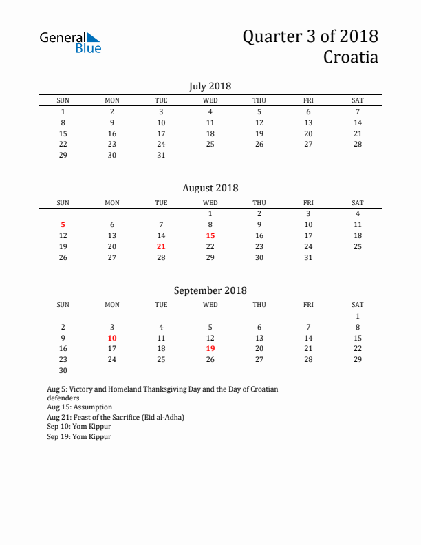 Quarter 3 2018 Croatia Quarterly Calendar