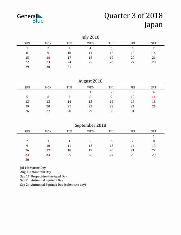 Quarter 3 2018 Japan Quarterly Calendar