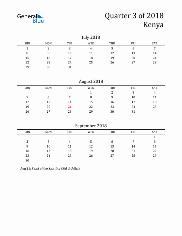 Quarter 3 2018 Kenya Quarterly Calendar