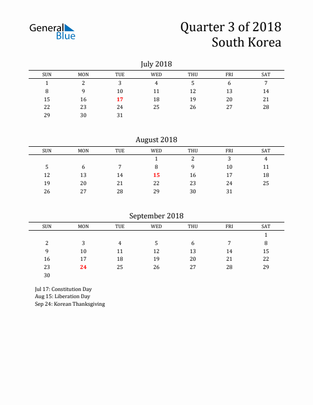 Quarter 3 2018 South Korea Quarterly Calendar