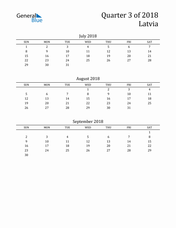 Quarter 3 2018 Latvia Quarterly Calendar