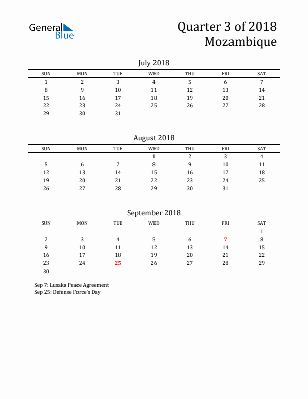 Quarter 3 2018 Mozambique Quarterly Calendar