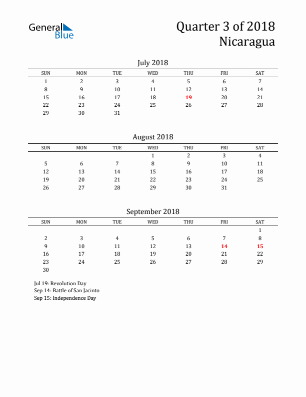 Quarter 3 2018 Nicaragua Quarterly Calendar