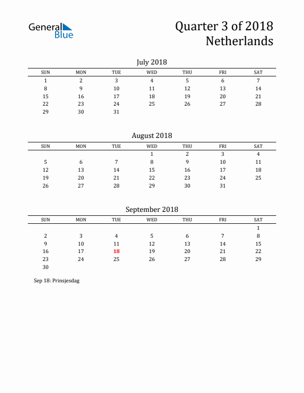 Quarter 3 2018 The Netherlands Quarterly Calendar