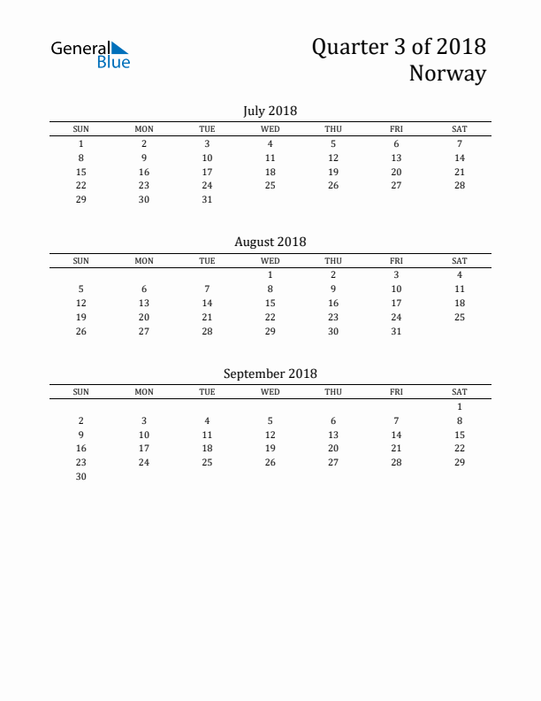 Quarter 3 2018 Norway Quarterly Calendar