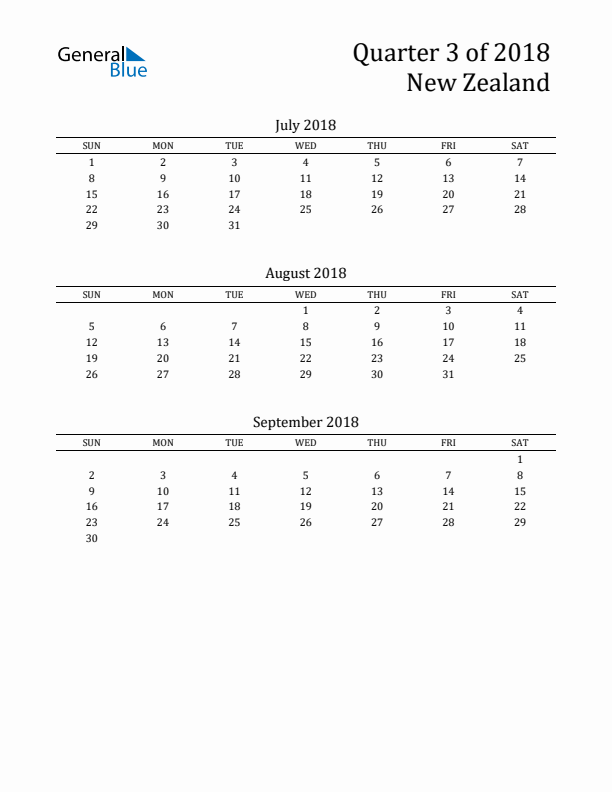 Quarter 3 2018 New Zealand Quarterly Calendar