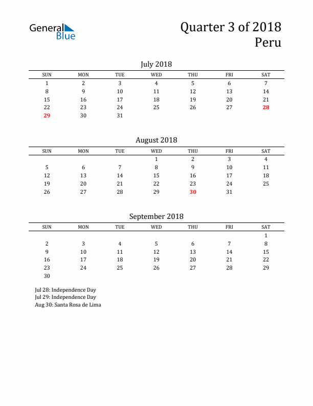 Quarter 3 2018 Peru Quarterly Calendar