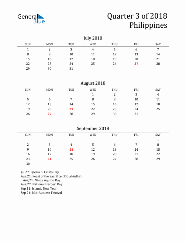 Quarter 3 2018 Philippines Quarterly Calendar