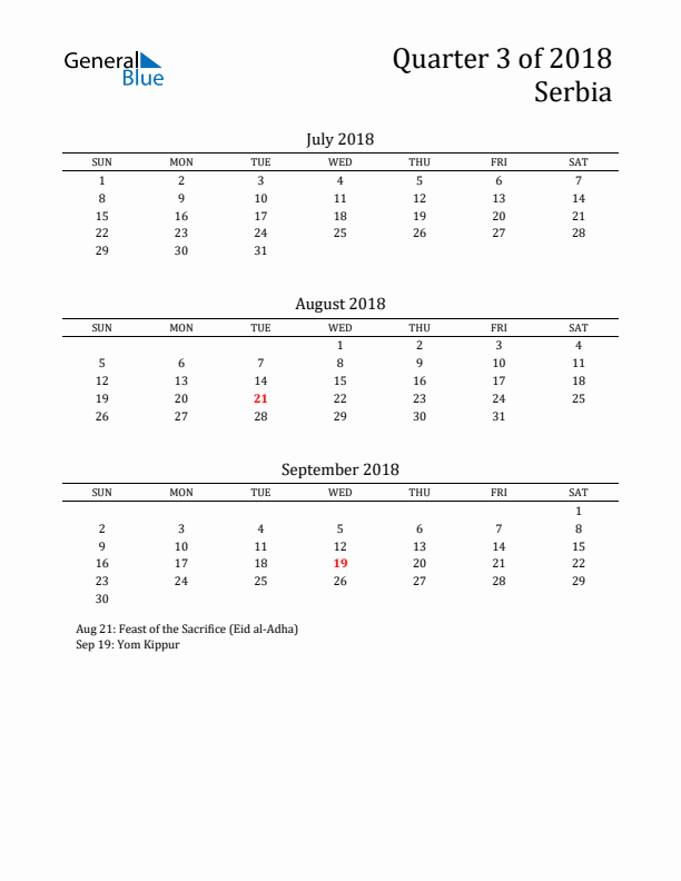 Quarter 3 2018 Serbia Quarterly Calendar