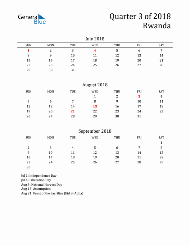 Quarter 3 2018 Rwanda Quarterly Calendar