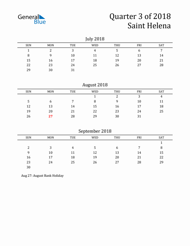 Quarter 3 2018 Saint Helena Quarterly Calendar