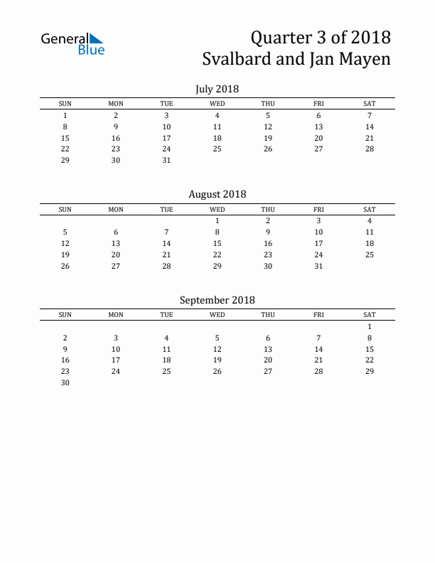 Quarter 3 2018 Svalbard and Jan Mayen Quarterly Calendar