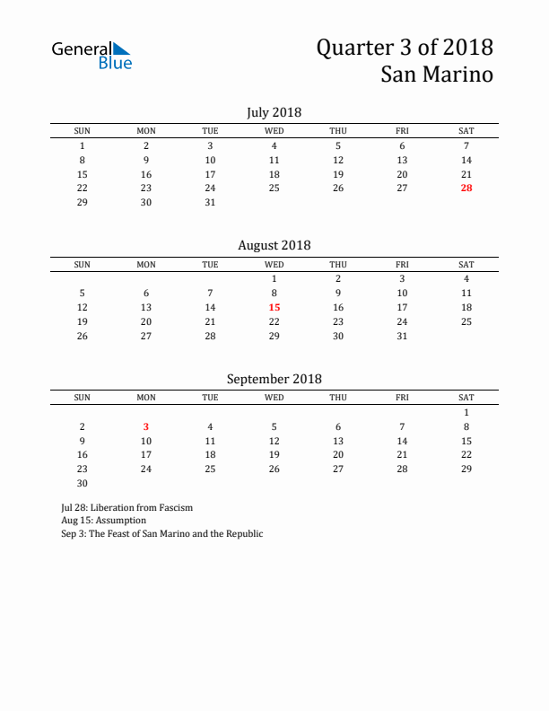 Quarter 3 2018 San Marino Quarterly Calendar