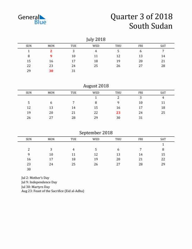 Quarter 3 2018 South Sudan Quarterly Calendar