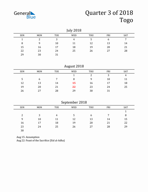 Quarter 3 2018 Togo Quarterly Calendar