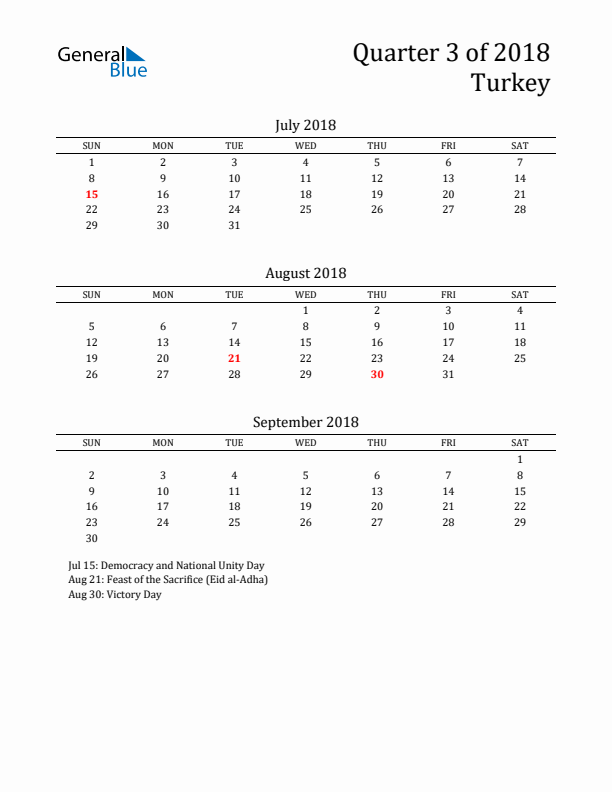 Quarter 3 2018 Turkey Quarterly Calendar