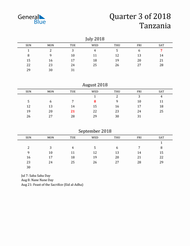 Quarter 3 2018 Tanzania Quarterly Calendar