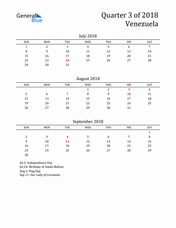 Quarter 3 2018 Venezuela Quarterly Calendar