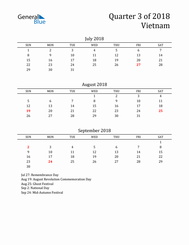 Quarter 3 2018 Vietnam Quarterly Calendar