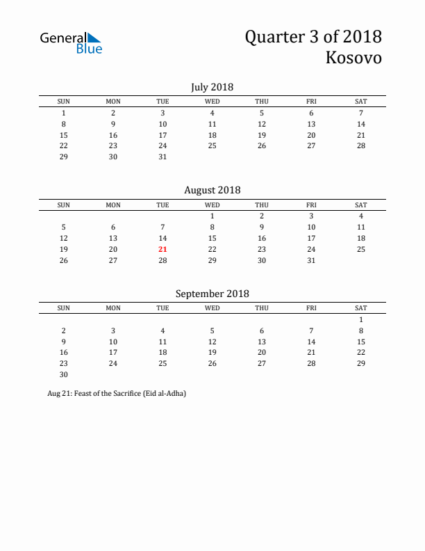 Quarter 3 2018 Kosovo Quarterly Calendar