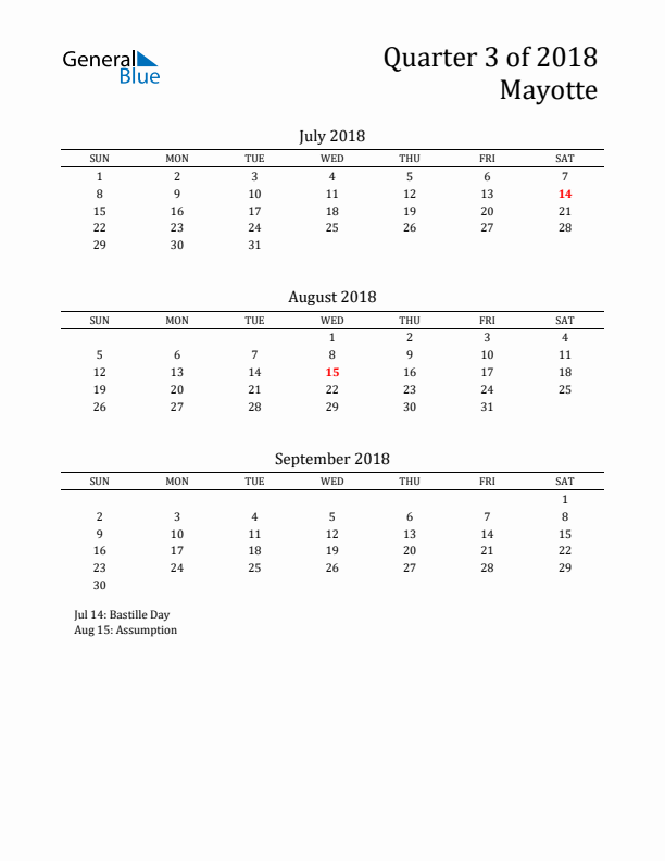 Quarter 3 2018 Mayotte Quarterly Calendar