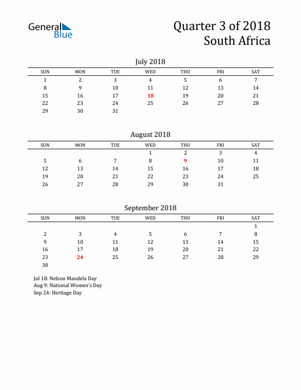 Quarter 3 2018 South Africa Quarterly Calendar