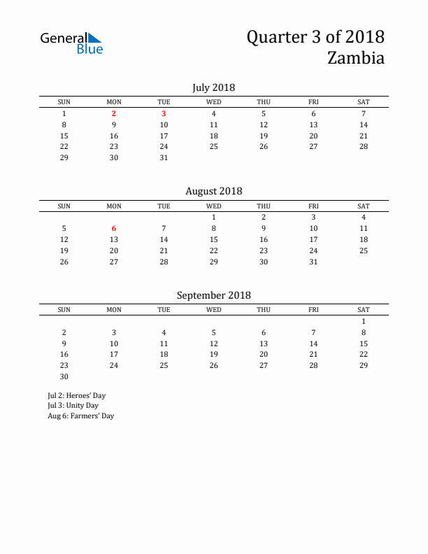 Quarter 3 2018 Zambia Quarterly Calendar