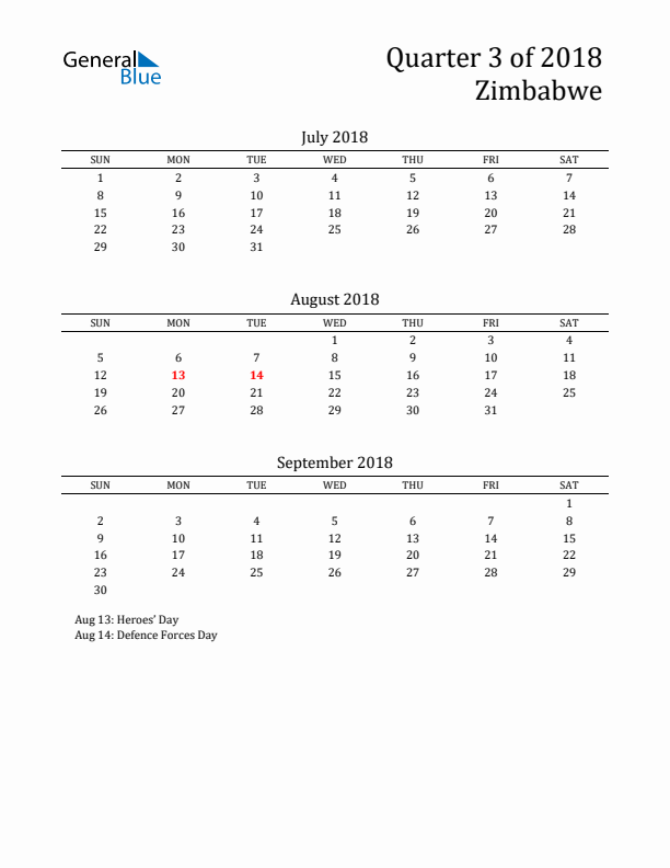 Quarter 3 2018 Zimbabwe Quarterly Calendar