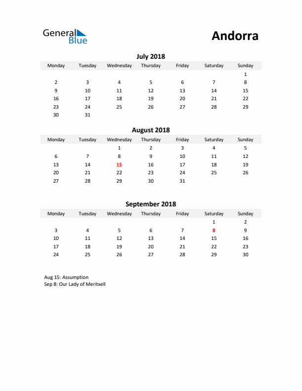 Printable Quarterly Calendar with Notes and Andorra Holidays- Q3 of 2018