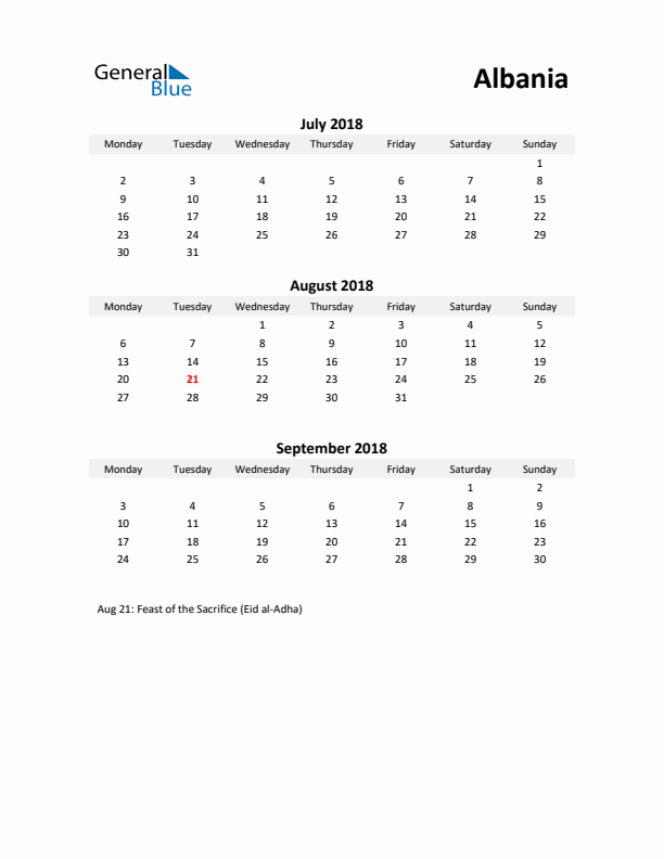 Printable Quarterly Calendar with Notes and Albania Holidays- Q3 of 2018